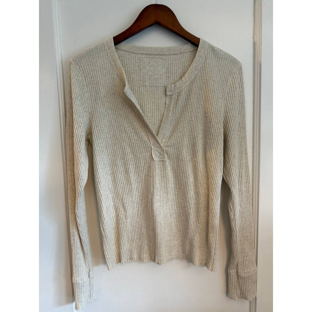 Aerie Henley Top Women Large Oatmeal Ribbed Long Sleeve Shirt Casual Loungewear